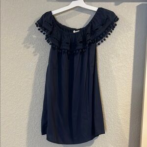 Navy Off-Shoulder Top with Pom-Pom Detail